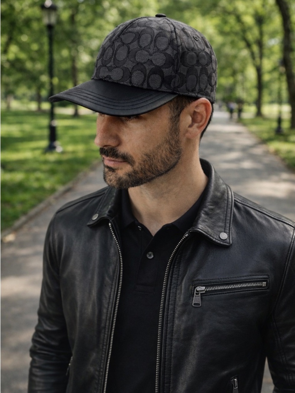 Coach Signature Jacquard Leather Brim/Flat Brim Hat Caps Black Adjustable